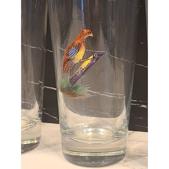 4 Highball Gold Rimmed Bar Glasses With 3D Enameled Game Birds Pheasant Set EUC - Picture 3 of 15